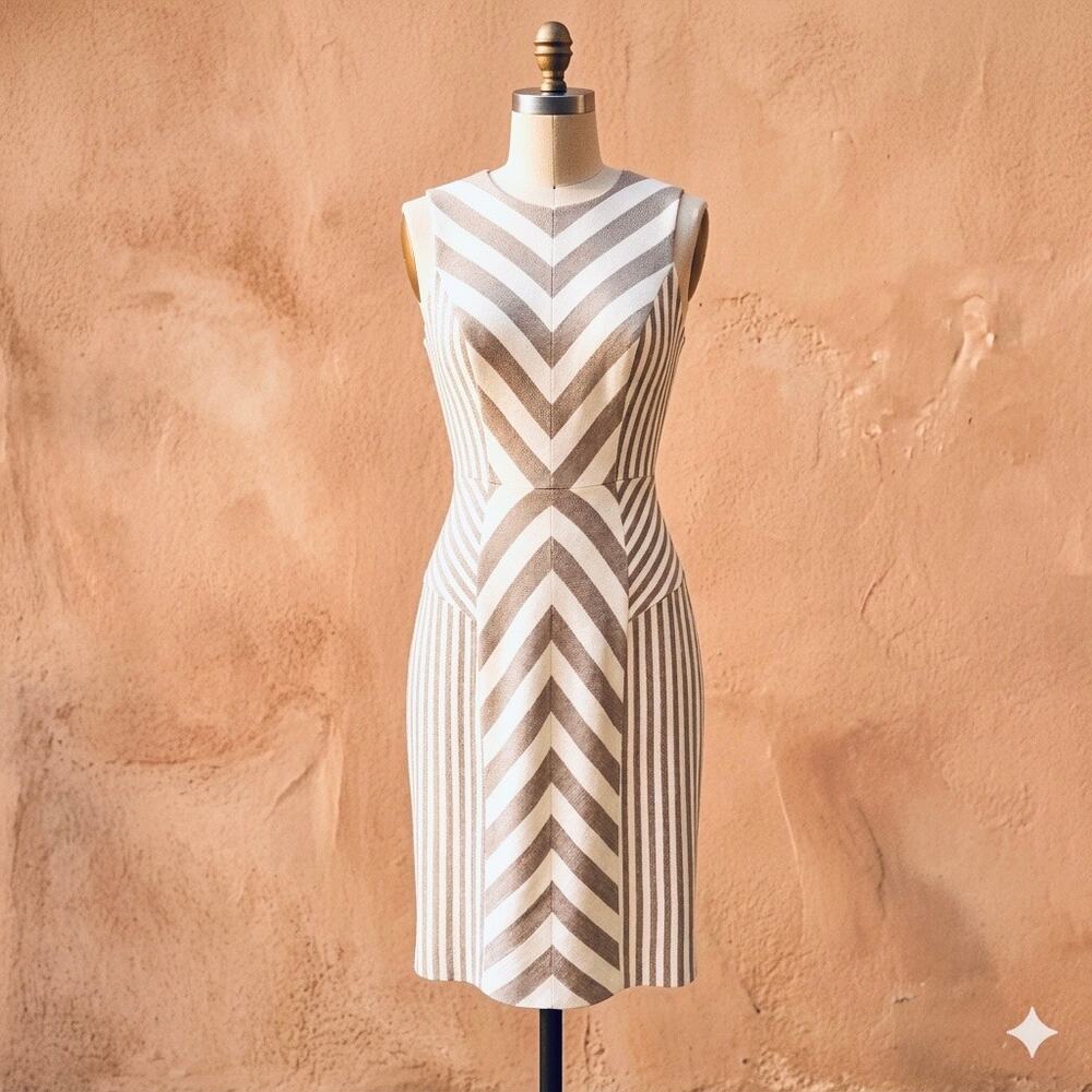 Milly of NY Sheath Dress Beige and White Sz 2 Minimalist Luxury Euro Vacation - Picture 1 of 10